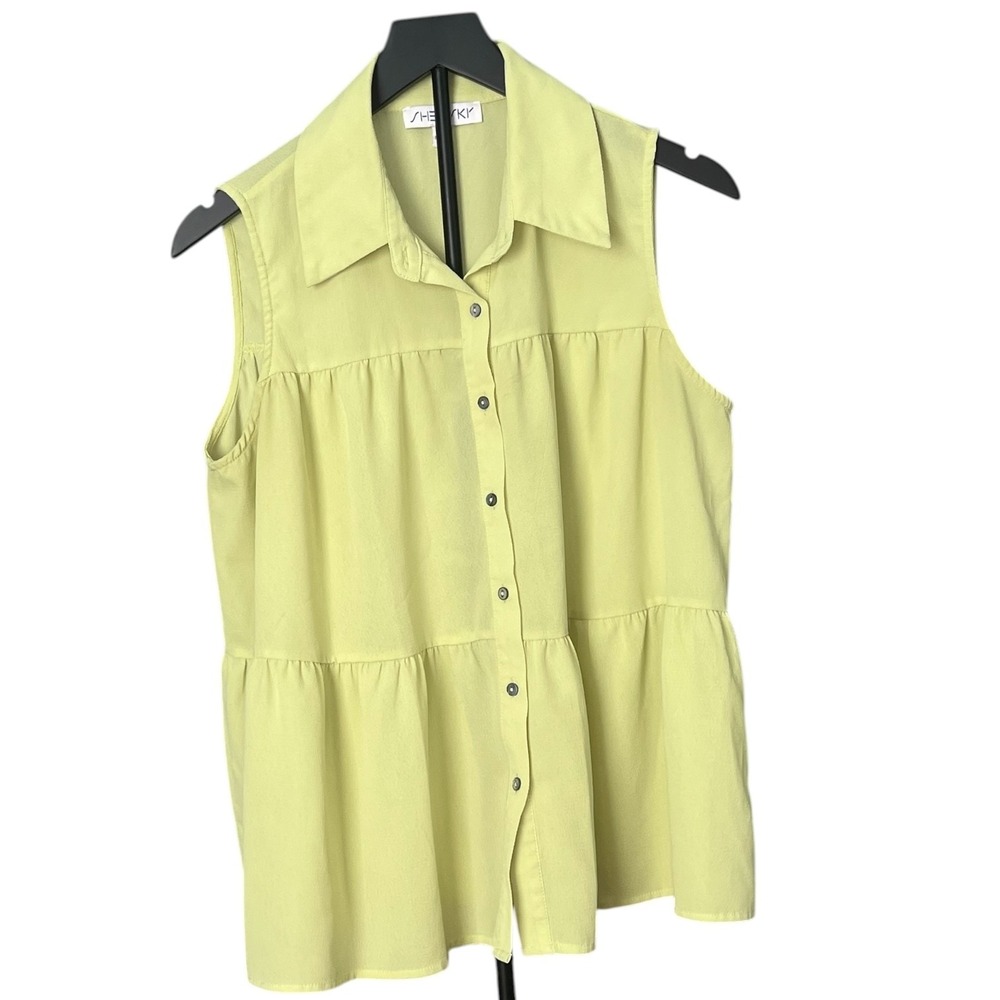 She +Sky Lime Green Tiered Babydoll Boho Sleeveless Button Front Blouse Size L